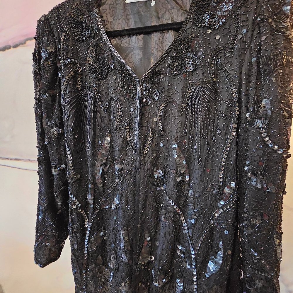 Sweelo Vintage Black Sequin Beaded Blazer
